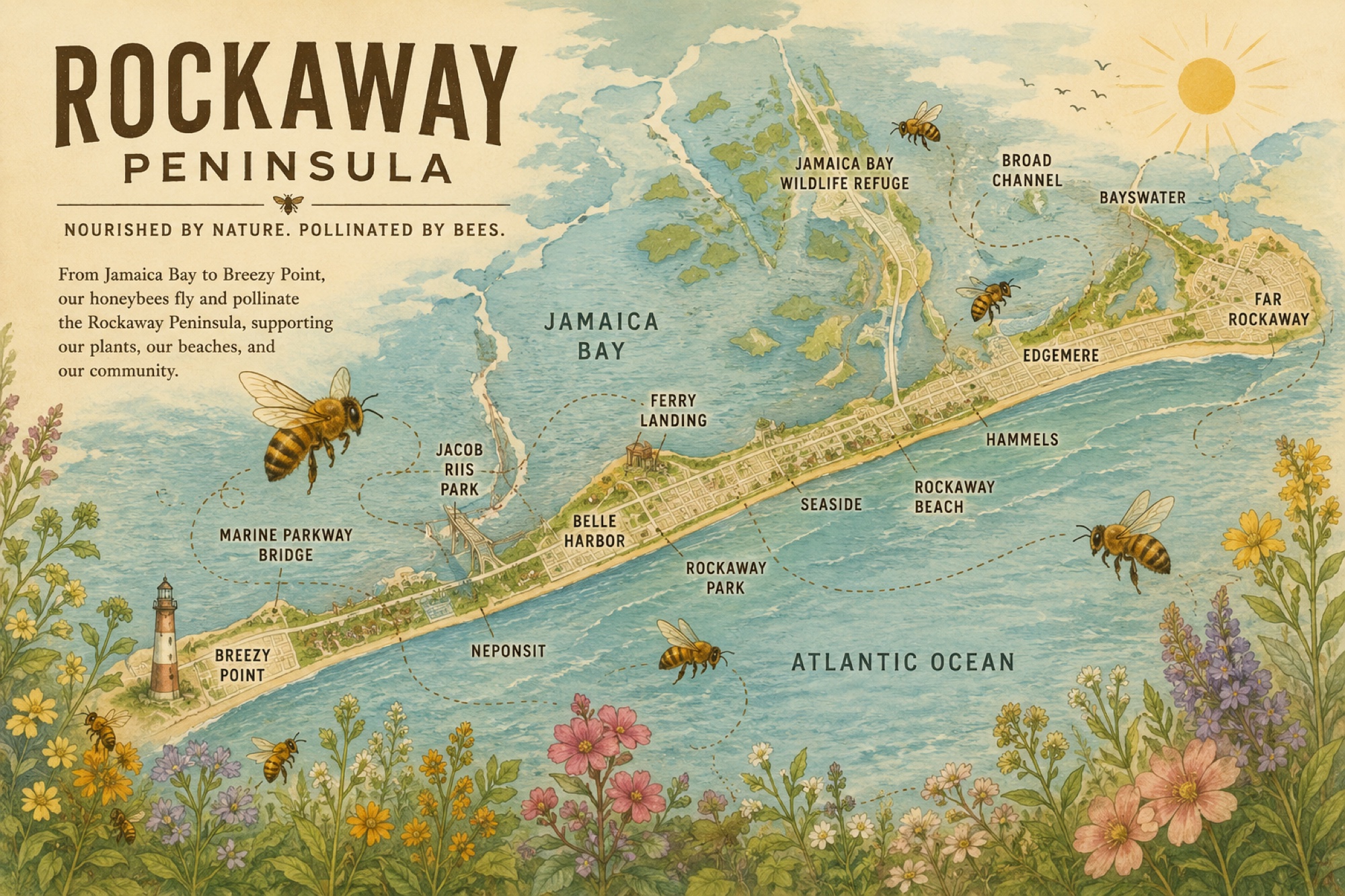 Illustrated map of the Rockaway Peninsula showing the honeybees' foraging range from Jamaica Bay to Breezy Point