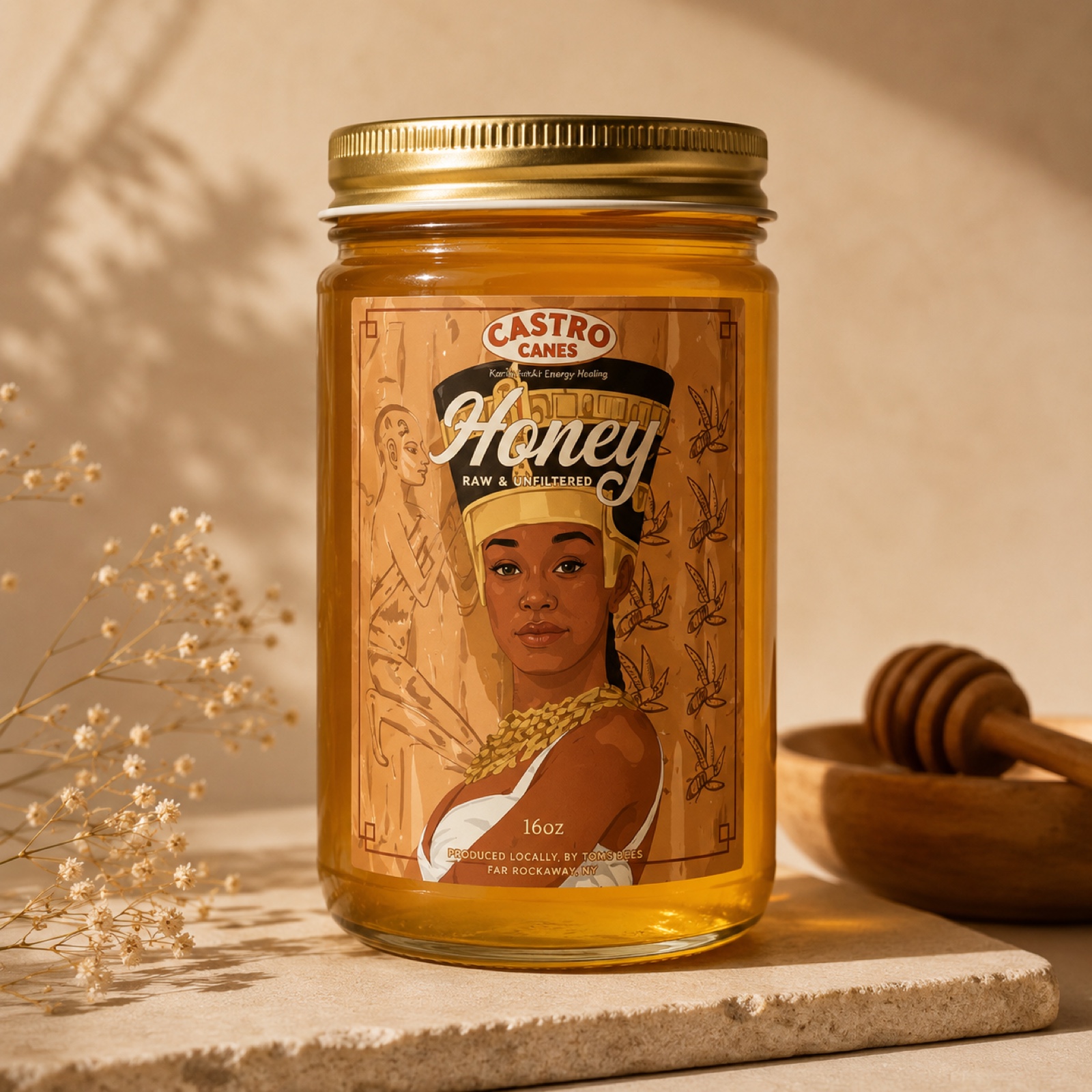 A 16oz jar of raw wildflower Castro Honey