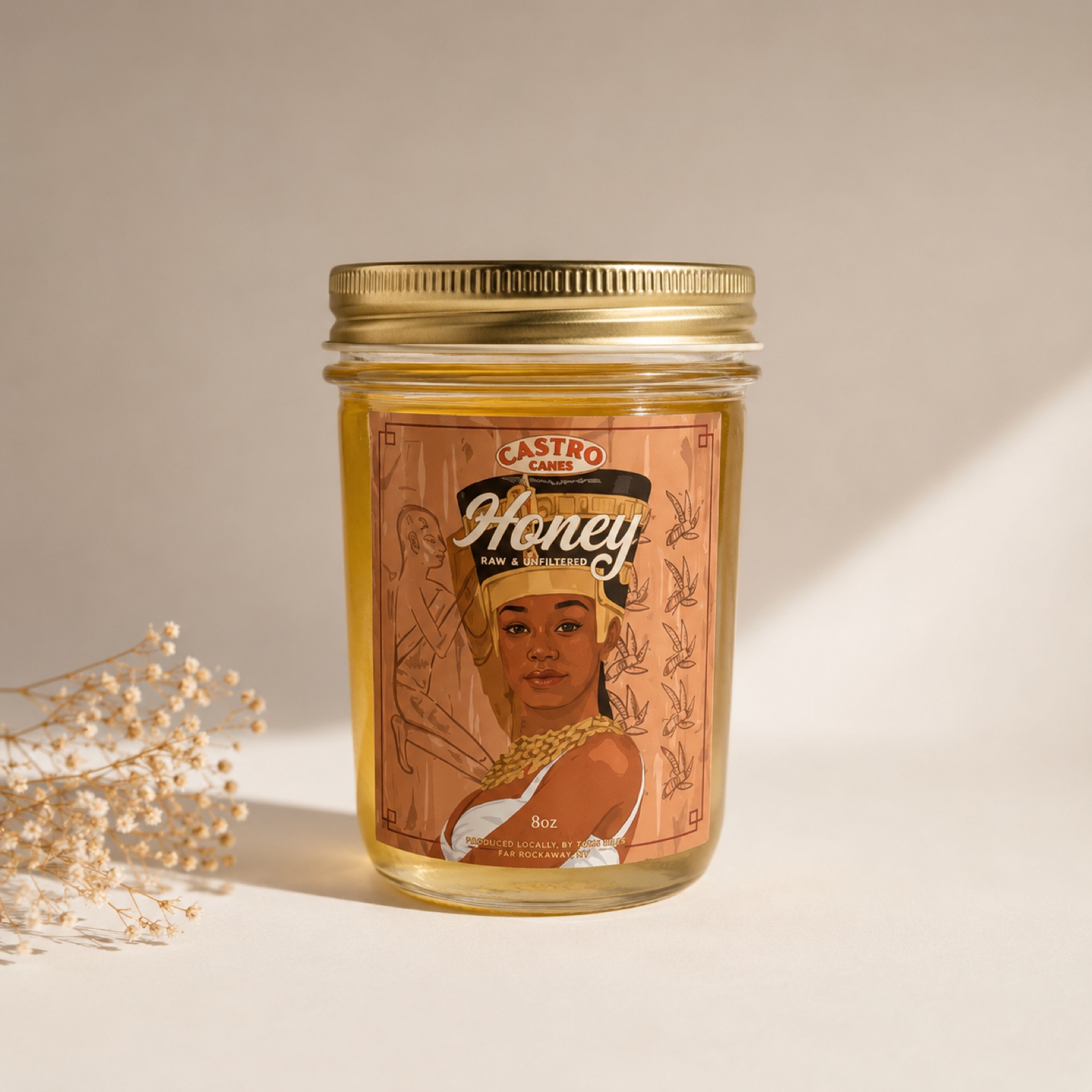 An 8oz jar of raw wildflower Castro Honey