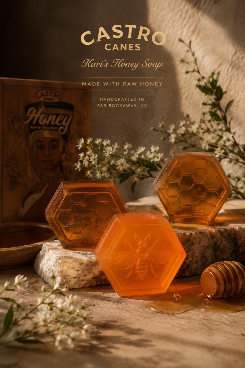 Kari's handmade honeycomb-shaped honey soap bars