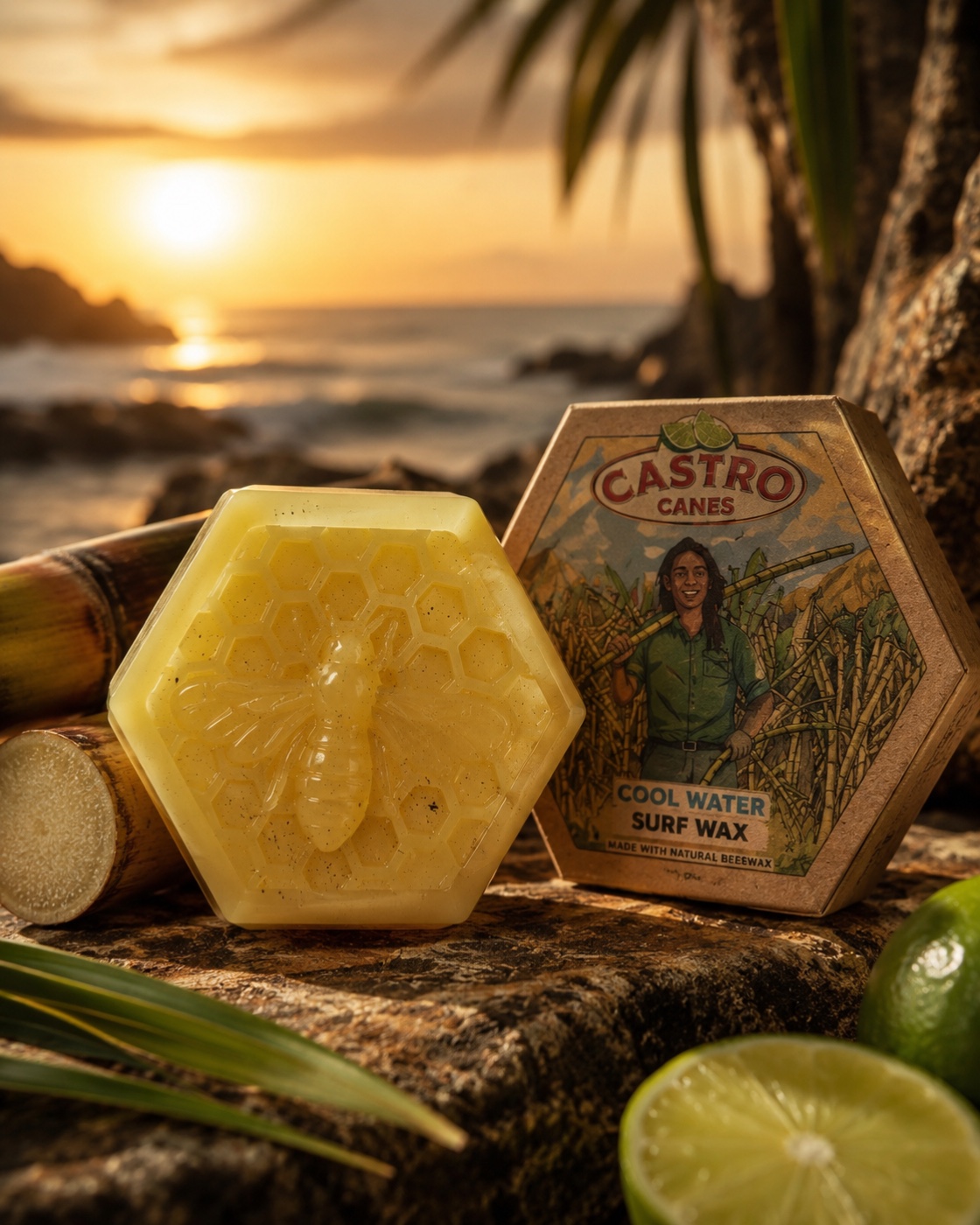 A bar of handmade Castro Cool Water surf wax at sunset